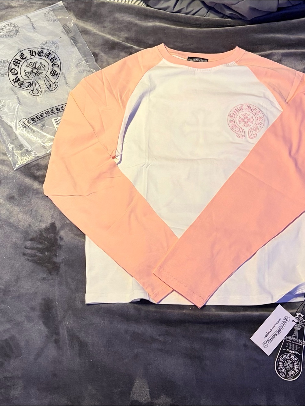 Chrome Hearts Pink & White Raglan Long Sleeve Tee with Chest Crest